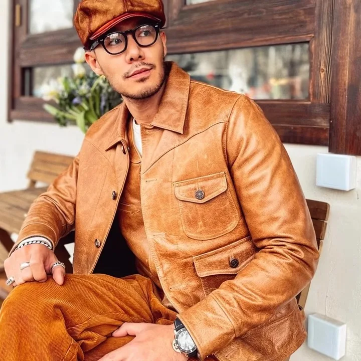 Three-pocket denim tobacco-colored imported oil wax first layer cowhide leather jacket men's American retro western - Image 2