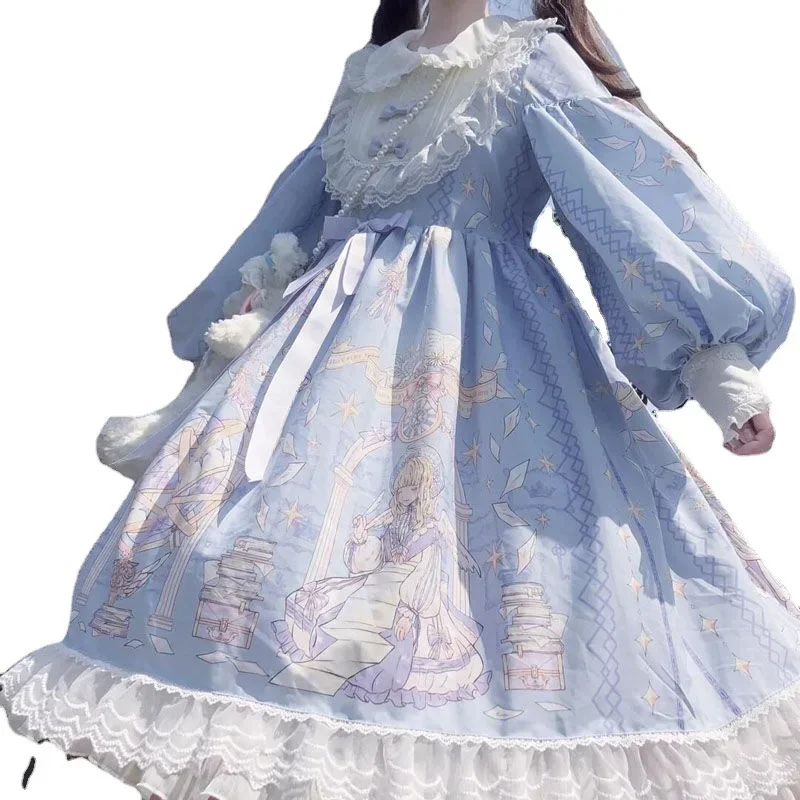 Lolita Dress Sweet Style Long New Student Cute Long Sleeve Lolit Angel Print OP  Dress Fairy Style