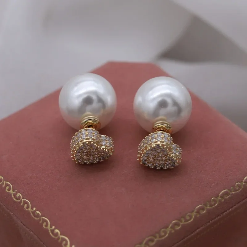 New fashion jewelry 14K gold plated love zircon pearl before after wearing earrings elegant women's daily work accessories