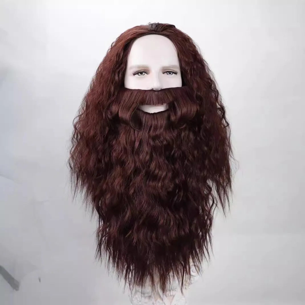 Long Curly Brown Wig and Beard for Men Magic Animal Professor Costume Wigs Synthetic Hair for Halloween Party image 4