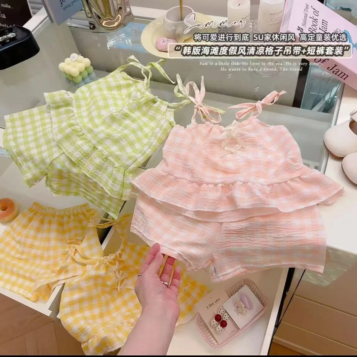 Girls' Checkered 2-Piece Set - Bow Knot Sleeveless Jumper & Shorts, Summer Viral Style for Toddlers
