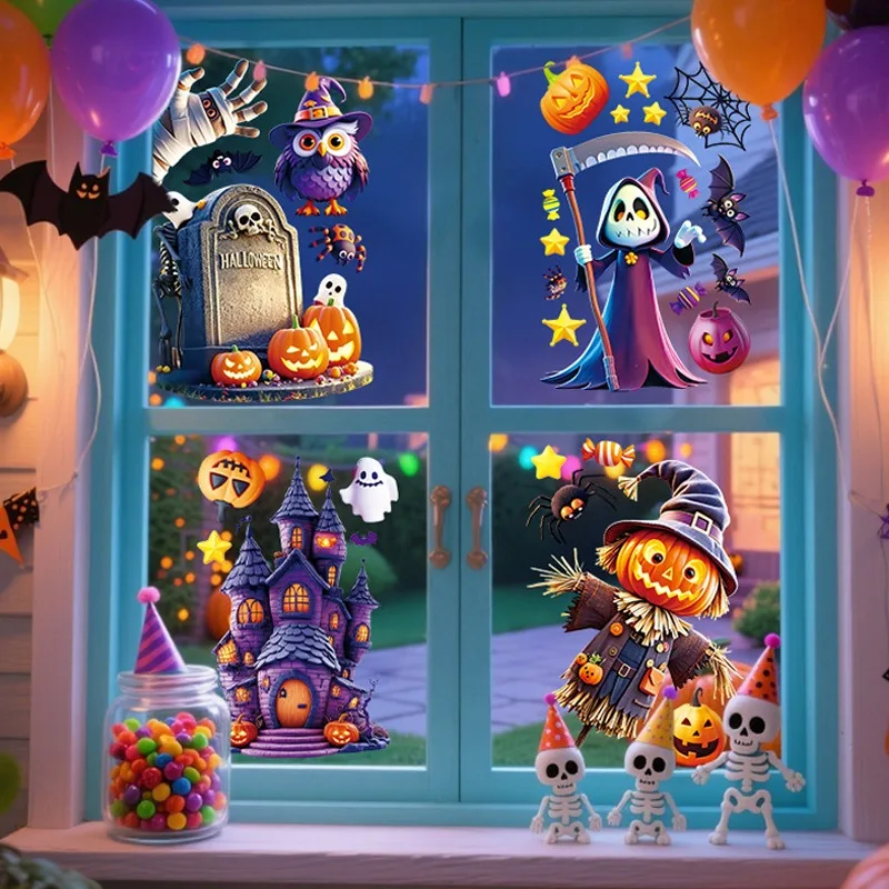 9pcs New Halloween Castle Bat Spiderweb Window Stickers for Living Room Double-Sided Static Cling Adhesive-Free and Removable