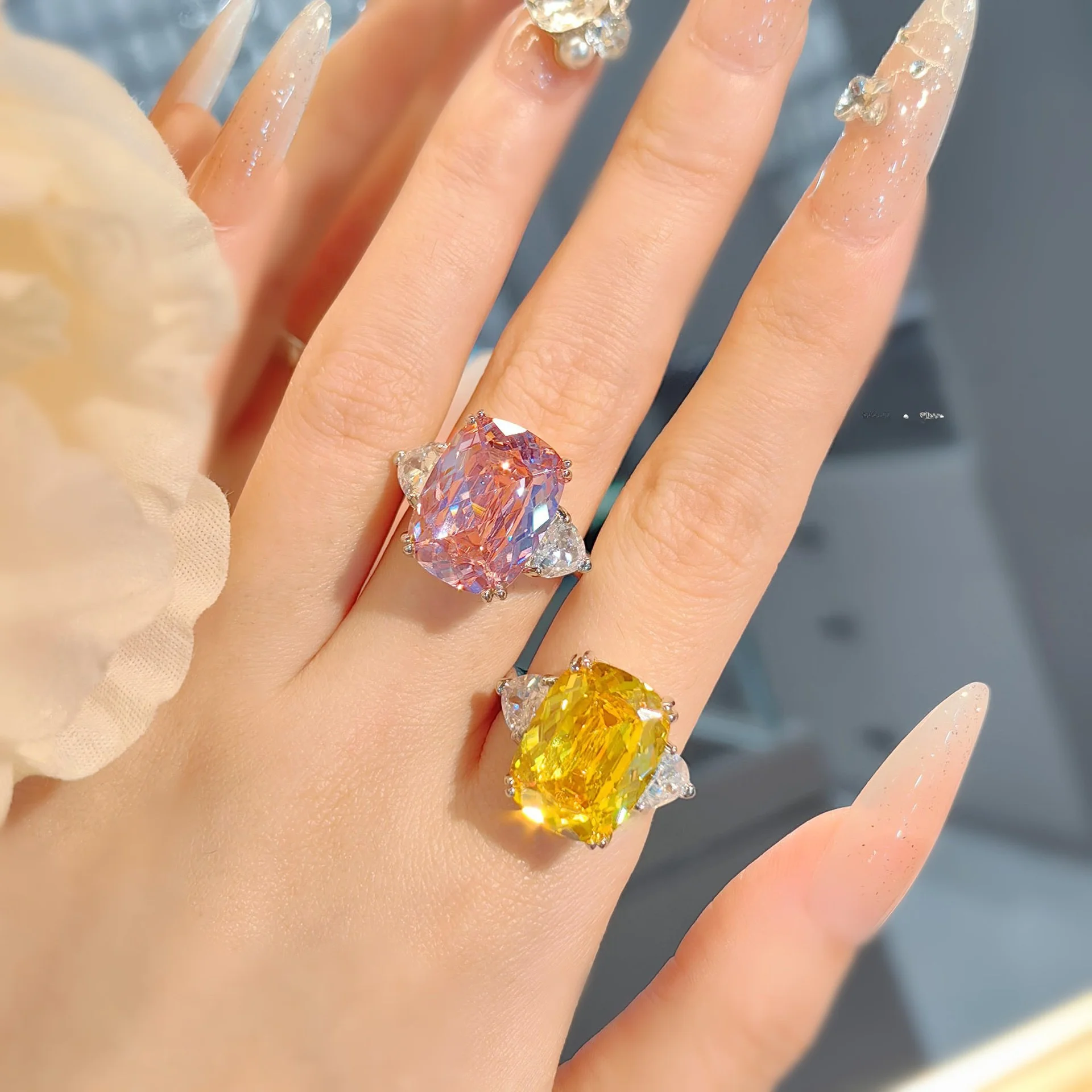 

Exquisite Long Pillow Shaped Zircon Ring for Women Elegant Open Style Super Shiny Yellow Diamond Fashionable Jewelry Accessory