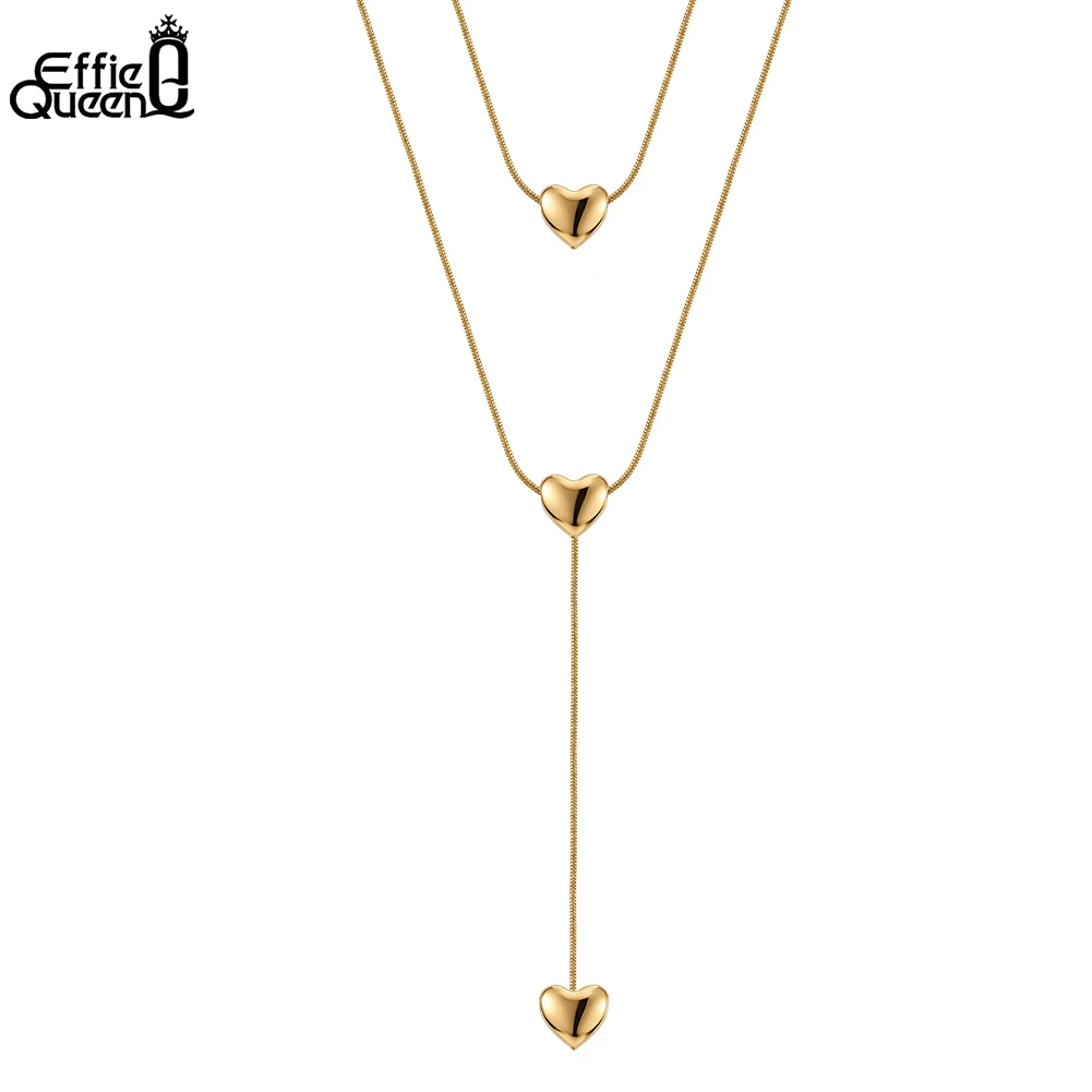 EFFIE QUEEN Heart 18K Gold Plated Long Chain Necklace Y-shaped Geometric Drop Pendant Stainless Steel Collar Jewelry STKN31