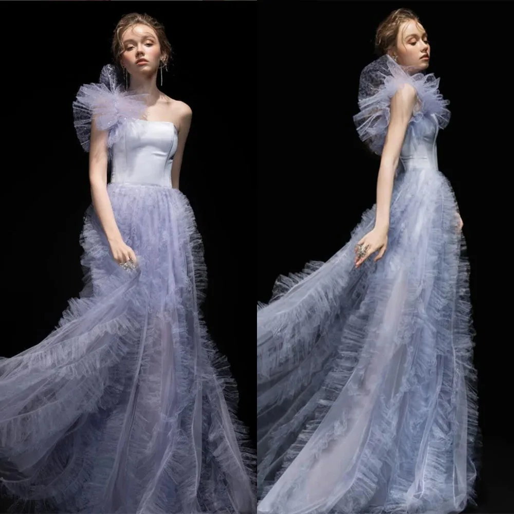 

High Quality Customized Floor Length Pleat Tulle Purple Sleeveless Wedding Party Платье Корейский Стиль Vestido De Festa فساتين