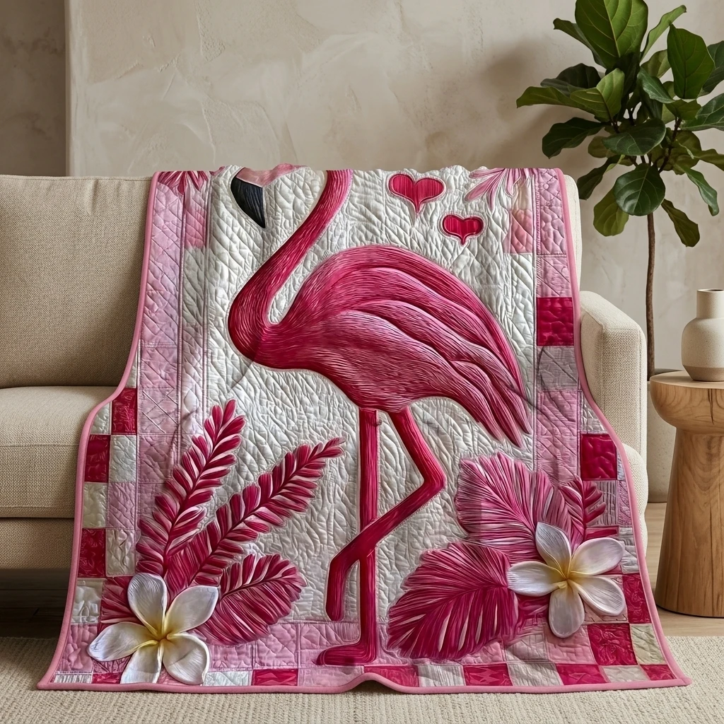 1PC Tropical Flamingo with Frangipani Flowers Thickened Flannel Blanket, Cozy Fleece Throw, Perfect Gift for Adults Boys Girls