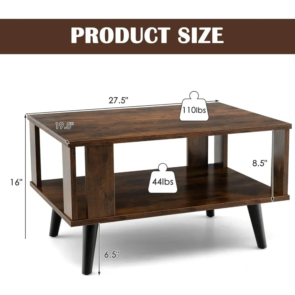 Small Coffee Table for Small Space, 2-Tier Wooden Center Table with Open Storage Shelf, Side Baffle, Easy Assembly