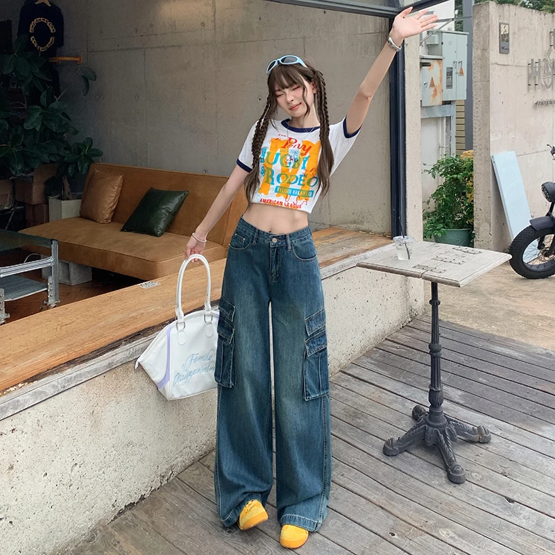 

Loose Straight Leg High Waist Casual Denim Overalls Women Vintage Blue Wash Wide Trousers New American Retro Y2k jeans