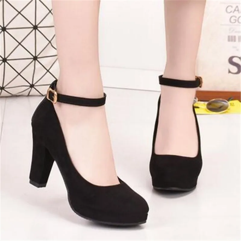 Spring Women Pumps Flock Sweet Thick High Heels Ankle Strap Female Platform Classic Round Toe Dress Cute Shoes Ladies Footwear