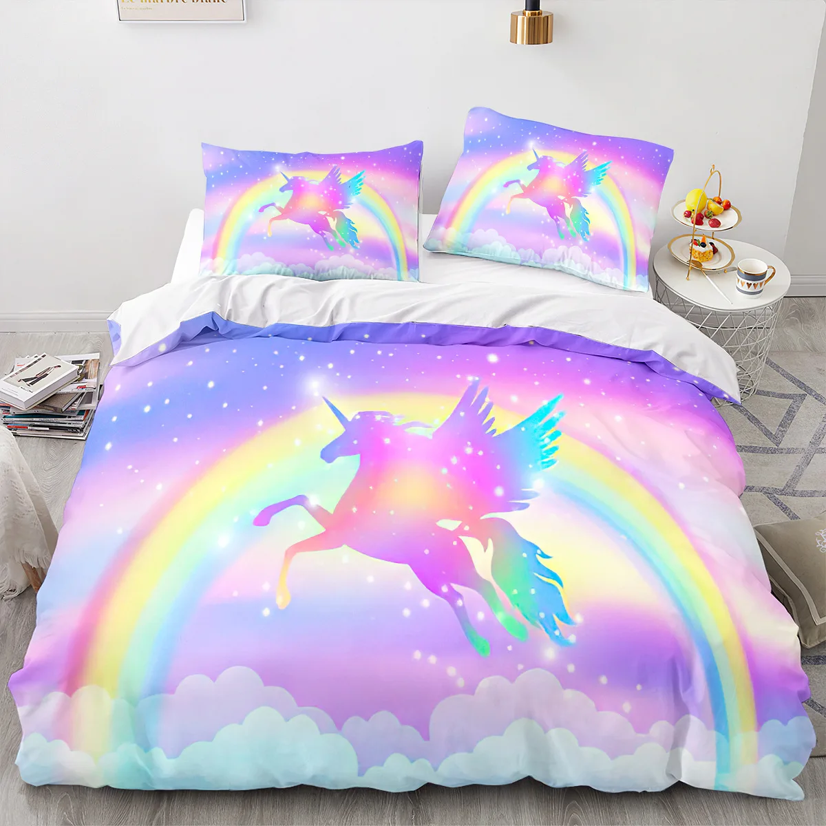 

Unicorn Duvet Cover Set Cartoon Galaxy Rainbow Colourful Unicorn Cute Romantic Theme For Kids Girls Polyester Comforter Cover