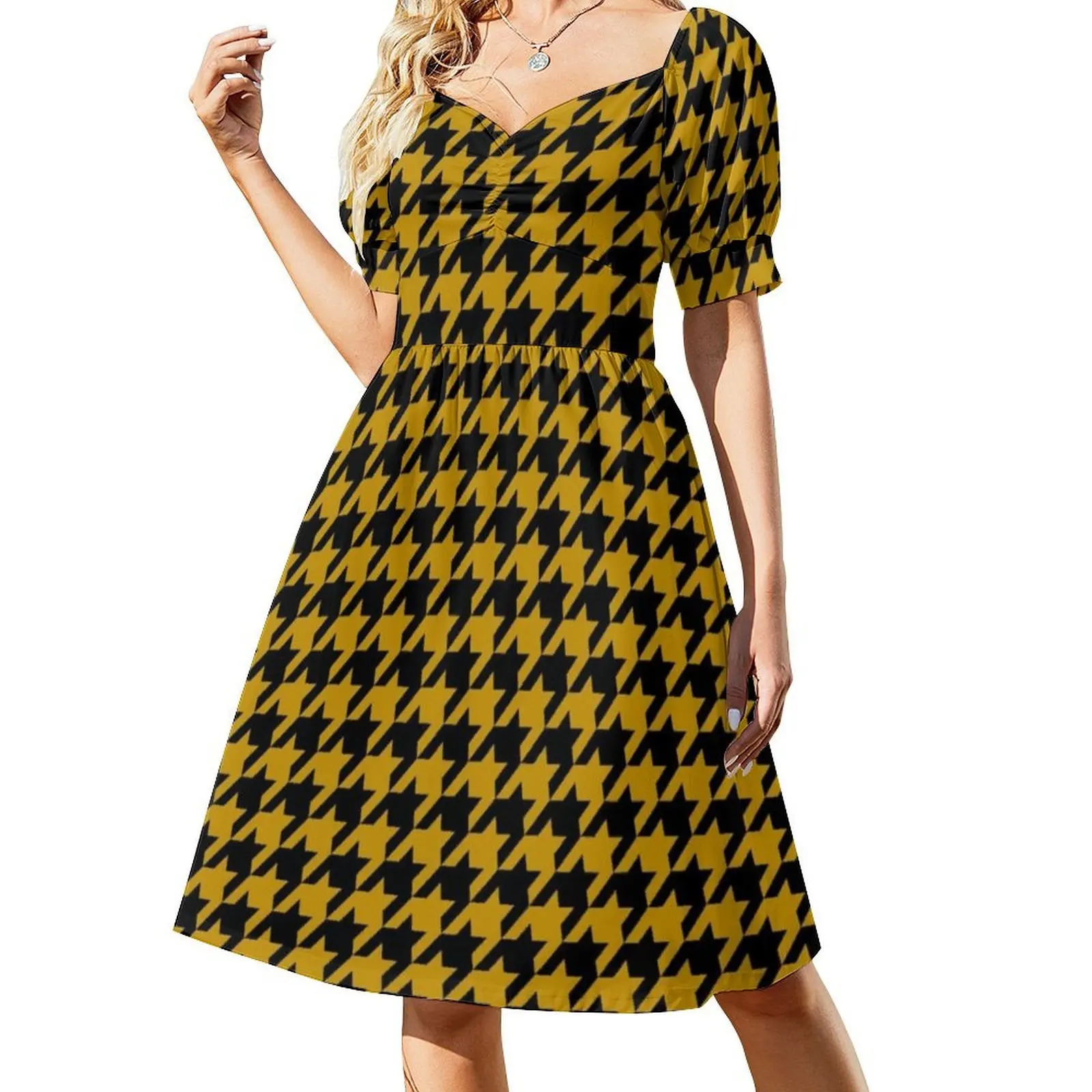 Traditional Houndstooth Pattern Sexy Vacation Dress For Women Beach Party Birthday Mini Dress Bee Yellow Black Black And Yellow view 2