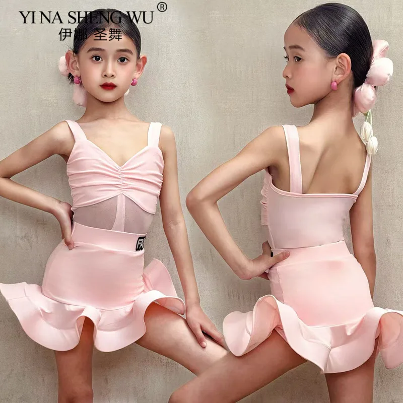 

Детская розовая одежда для латинских танцев без рукавов для девочек, комплект боди и юбки для ча-ча, ковбойский танцевальный костюм для самбы, румбы