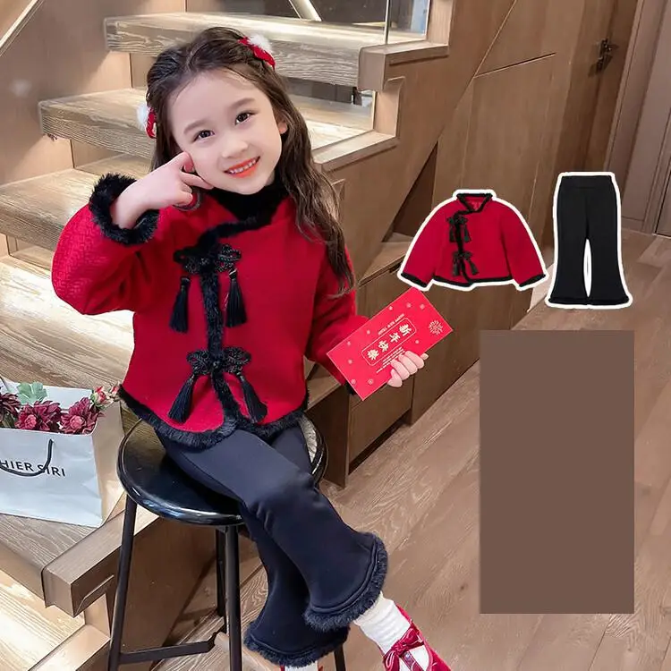 Girls Hanfu Set 2023 New Winter Women's Baby Tang Costume Chinese Year Worship Velvet Thickened Two Piece Red Long Sleeved Pants