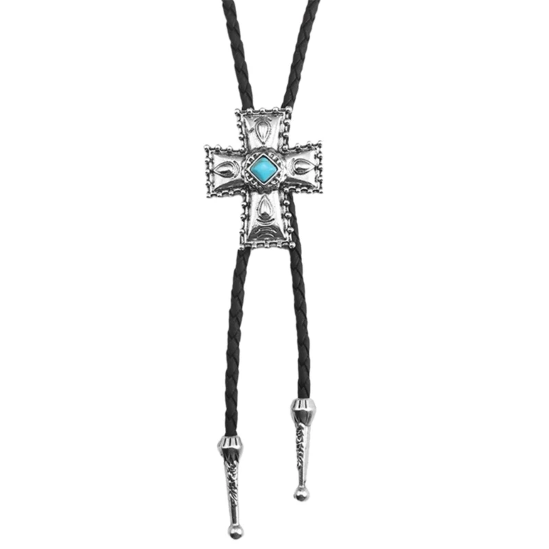 เชือกหนัง Faux Lariat สร้อยคอคาวบอย Western เนคไทโลหะ Crosses จี้หิน Bolo Tie เครื่องประดับเสื้อคอ F3MD