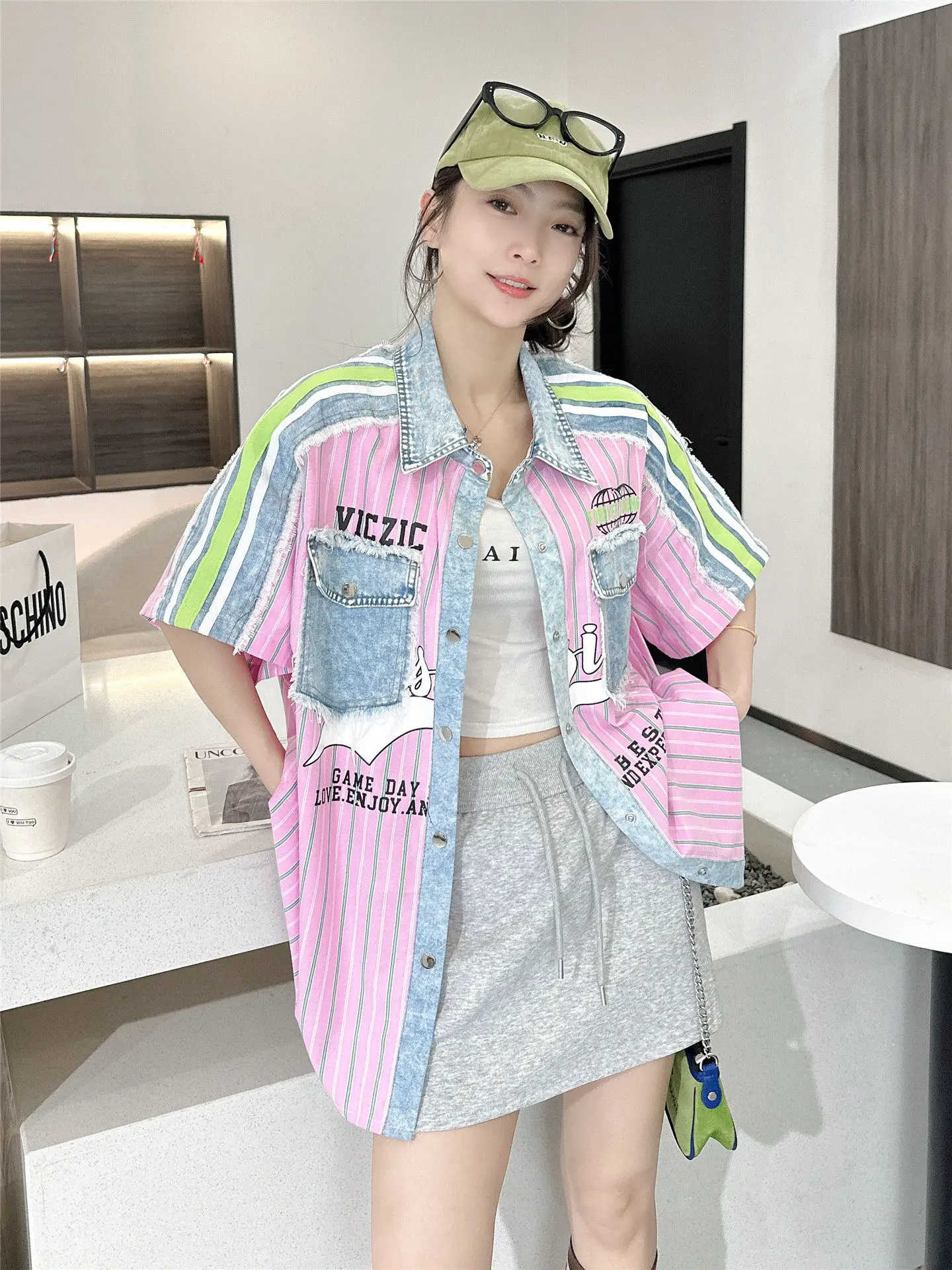 

Women Vertical Striped Shirt Summer 2026 New Luxury Patchwork Short Sleeve Blouse Loose Lazy Style Hip Hop Casual Top