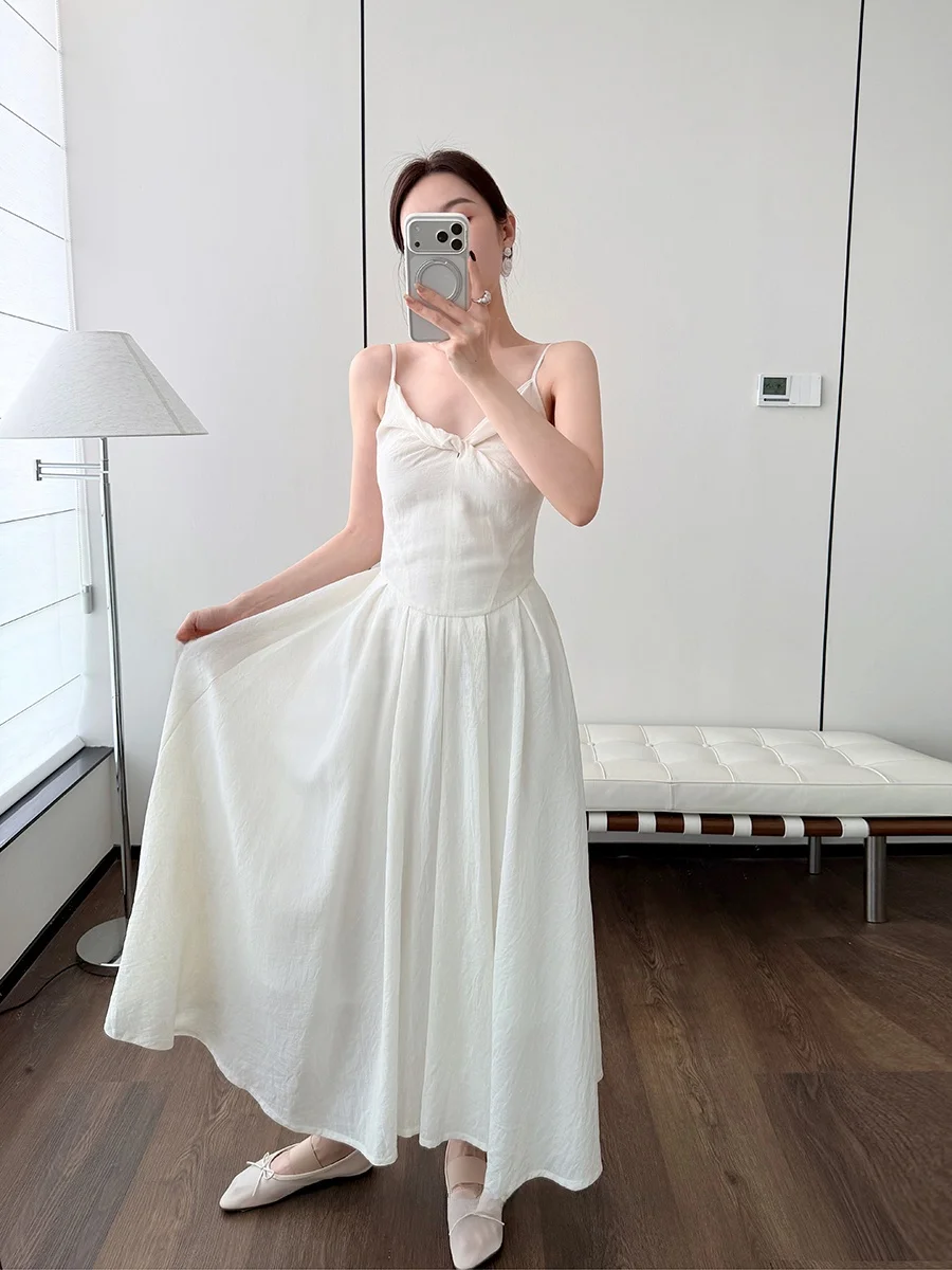 

Retro Light Transparent Knot Linen Micro Wrinkle Ice Sensation Vintage Strap Dress Black White Pleated Umbrella Skirt Dress