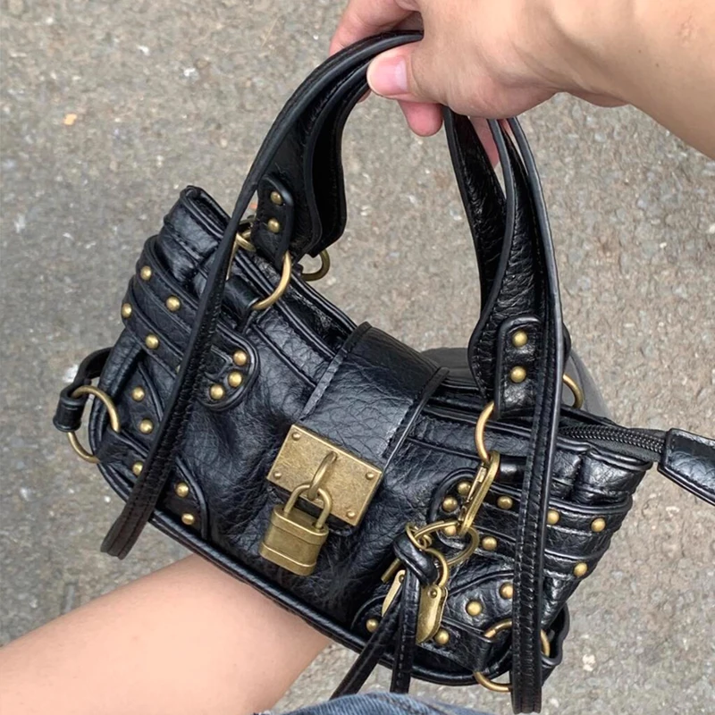 

Винтажные мини-сумки для женщин, роскошная дизайнерская сумка-кошелек, новинка 2023 года, украшение из искусственной кожи с заклепками и замком, верхняя ручка Y2K, через плечо