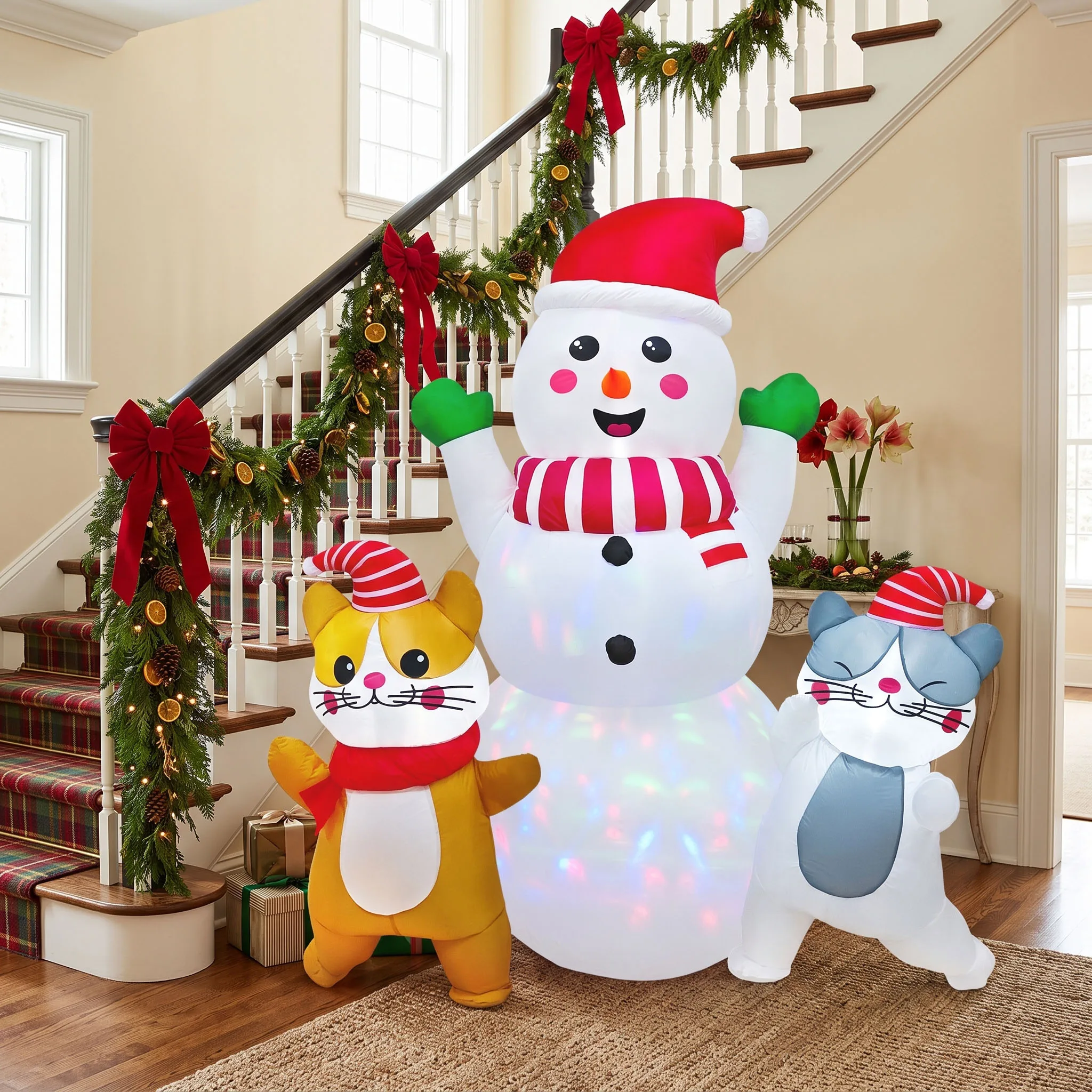 6FT, inflatable Christmas decorations featuring a snowman and a dancing cat, perfect for restaurants, parties, and gatherings.