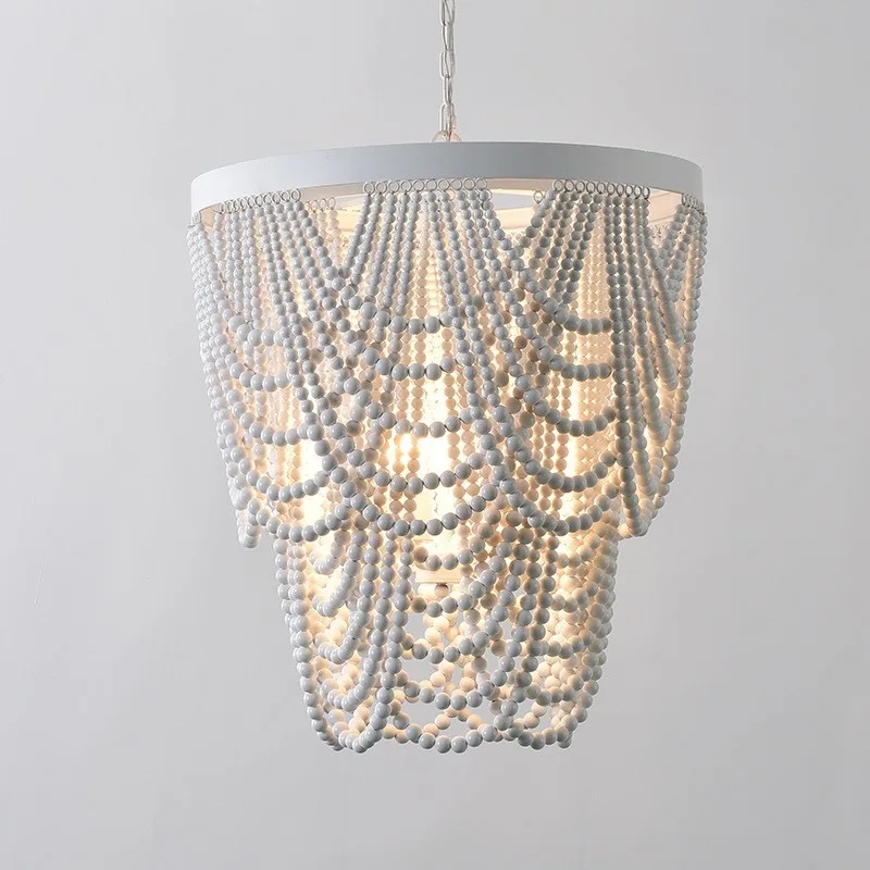 Gold Chandelier Wooden Beaded Lighting Fixture Fringe Hanging Light Kitchen Baby Kids Room Foyer