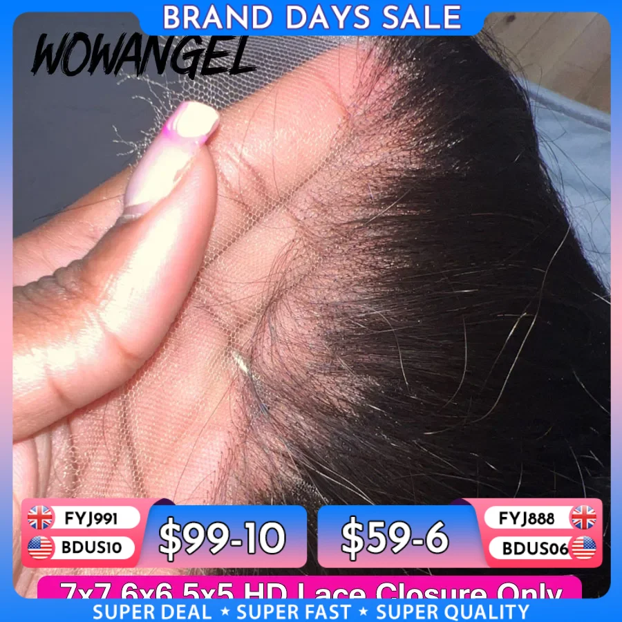 Wow Angel 7X7 6X6 5X5 HD Lace Closure Frontal Human Hair Straight Hair Melt Skins Pre Plucked HD Lace Closure Only Virgin Hair