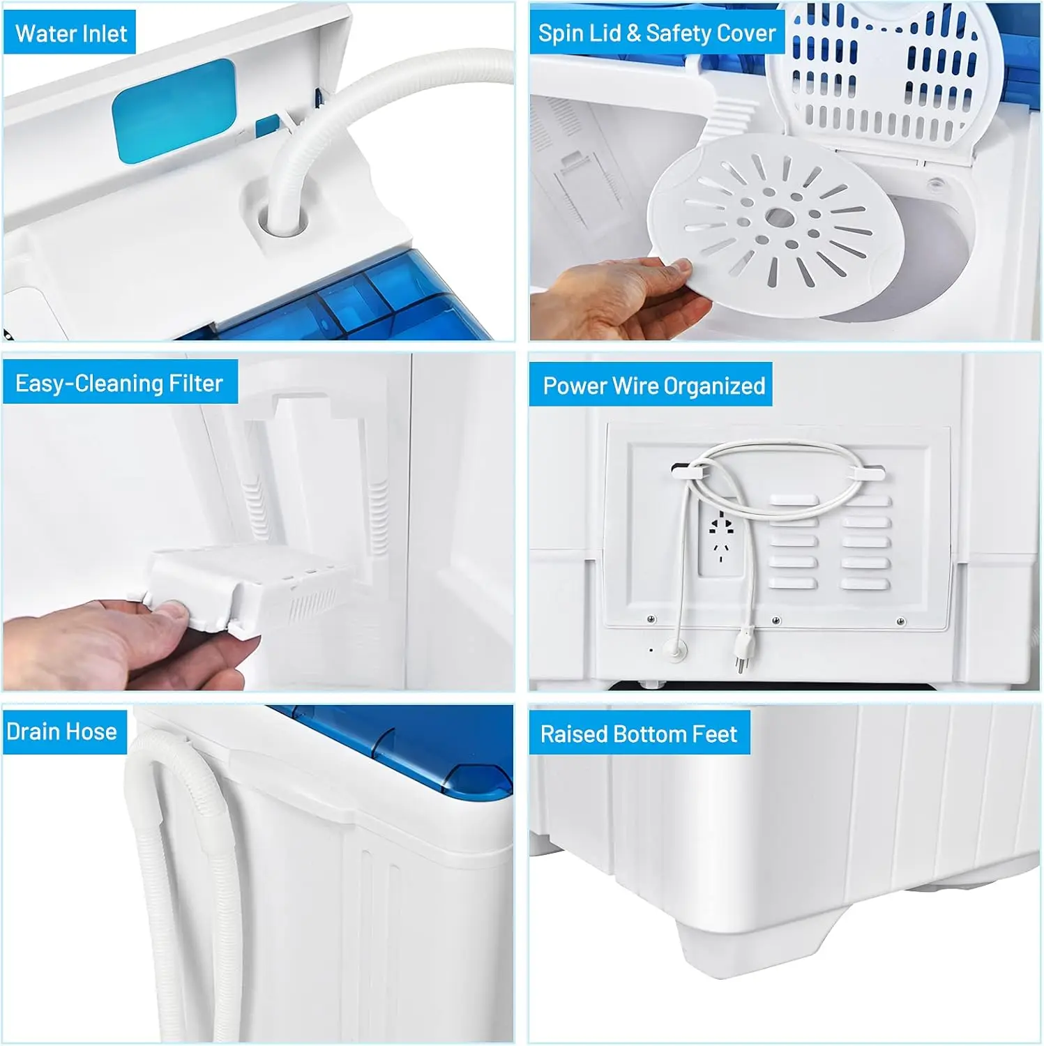 Semi-automatic, Twin Tub Washer with Spin Dryer, 26lbs Capacity, Built-in Drain Pump, Portable Laundry Washer (White+Blue)