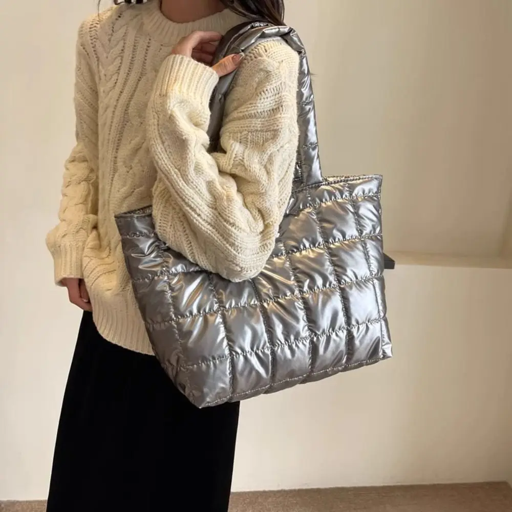 

Casual Korean Style Down Cotton Shoulder Bag Checkered Solid Color Puffy Bag Space Cotton Large Capacity Nylon Handbag Girls