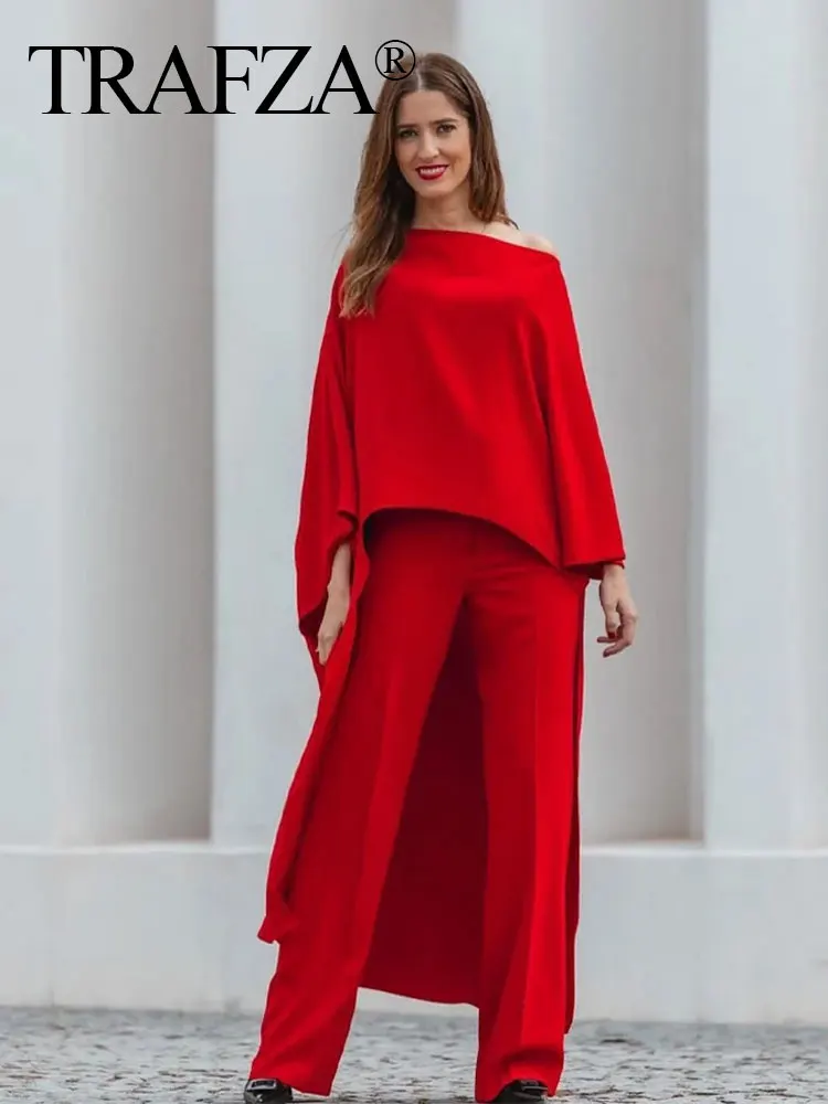 TRAFZA 2024 Spring Women\'s Dress Round Neck Asymmetric Red Satin Cape Style Dresses Wild Loose Casual Woman Resort Style Dress