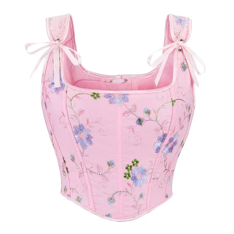 

Pink Floral Embroidery Overbust Corset Crop Top Women Retro Shoulder Strap Bustier Vest Sexy Gothic Lingerie Slimming Corselet