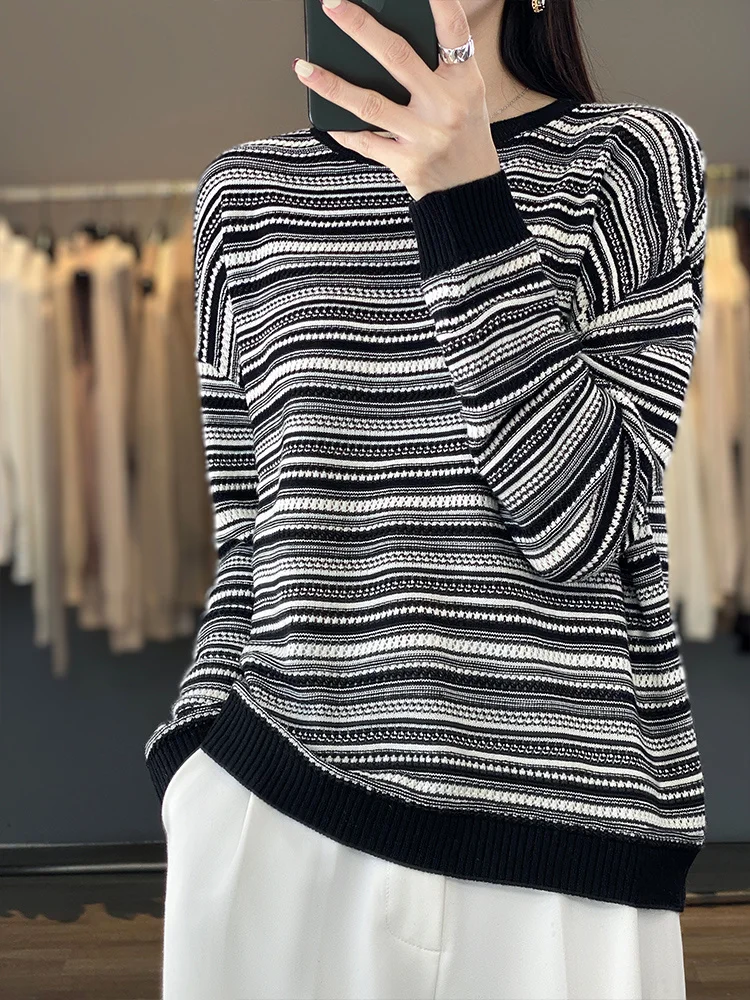 Fashion Versatile Wool Stripe Color Block Sweater Women's Top Underlay Hollow Loose Cashmere Knit