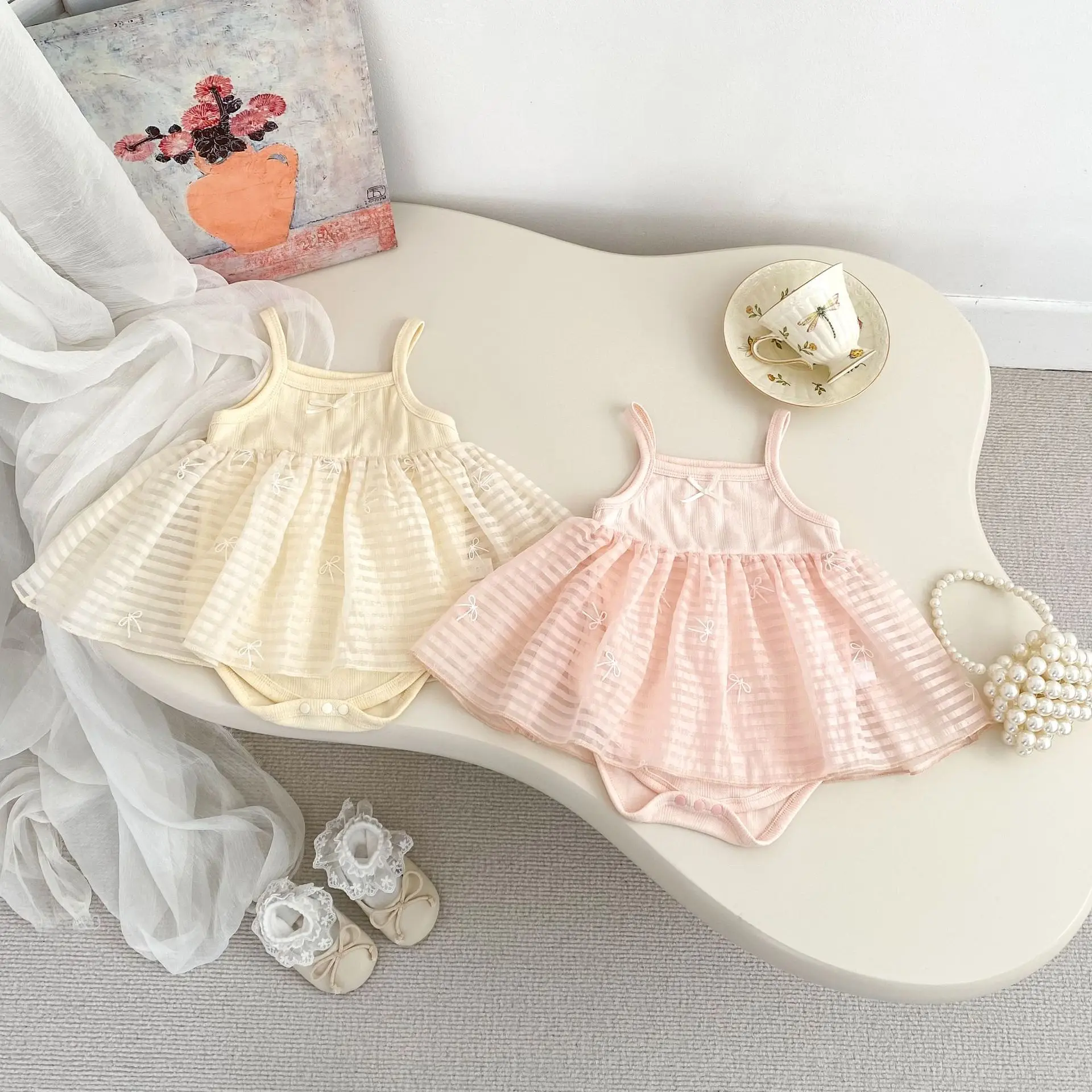 Baby Girl Summer Two-piece Set Cute Princess Bow Mesh Suspender Fart Skirt Sunscreen Air Conditioning Shirt Set