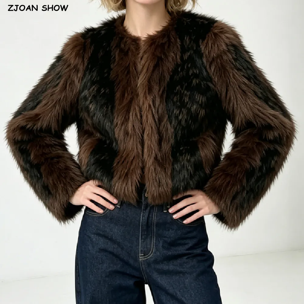 Autumn Winter Women O neck Hook Buttons Contrast Color Stripes Line Faux Fur Coat Long Sleeve Fur Jacket Loose Outerwear