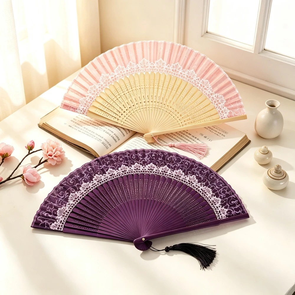 Chinese Style Folding Fan Color Changing Tassel Dance Fan Silk Cloth Bamboo Summer Handheld Party Performance Prop