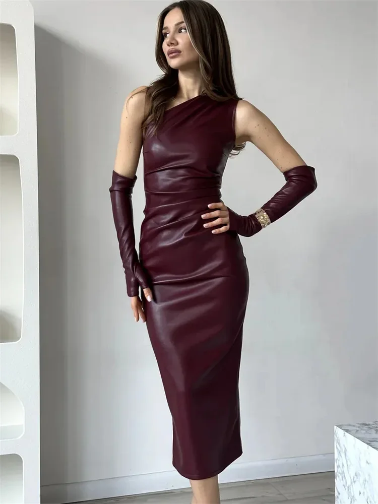 

Fashion Off-Shoulder PU Leather Maxi Dress For Women Backless High Waist With Gloves Slim Sexy Dress Female Long Dress New