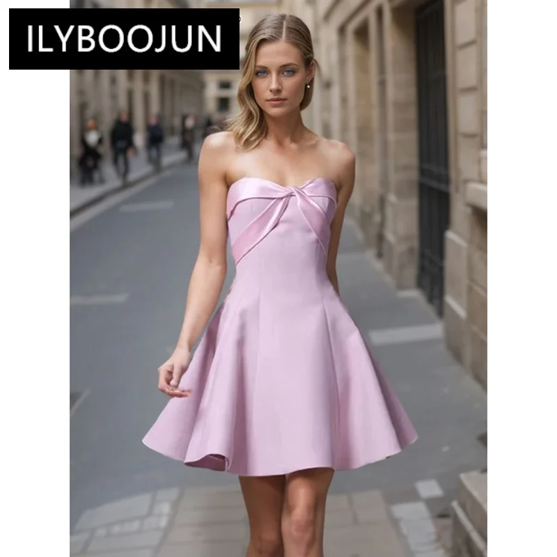 

ILYBOOJUN Solid Party Spliced Bowknot Elegant Dress For Women Strapless Sleeveless High Waist Formal Dresses Female Style New