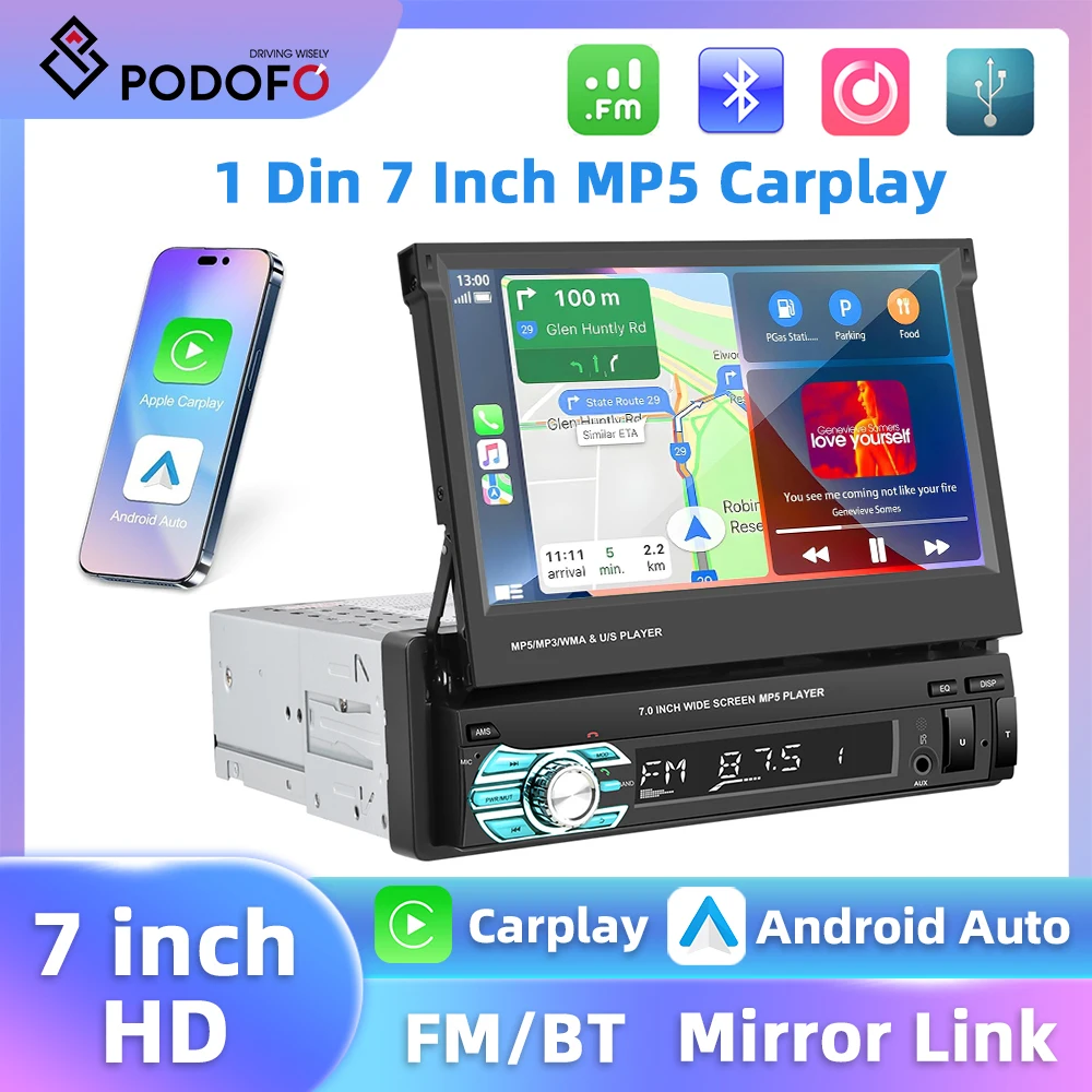 Podofo Carplay Android Auto 1Din Car Stereo 7'' Radio Stereo Mirror Link Bluetooth Remote Control FM Receiver Retractable Screen