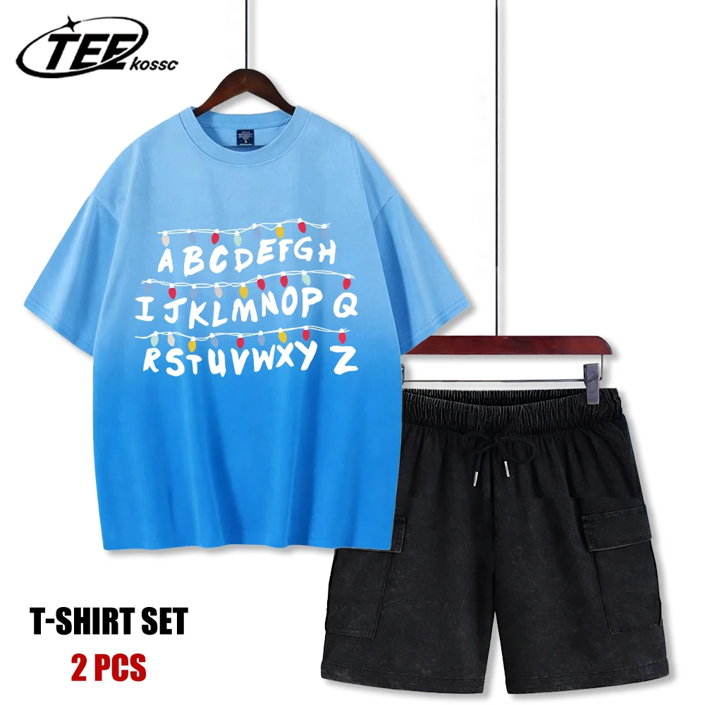 

Lights Letters Form A Wall Man Tie-Dye T Shirt O-Neck Casual Shorts Set Summer Comfortable Cotton Unisex Loose Fashion Clothes