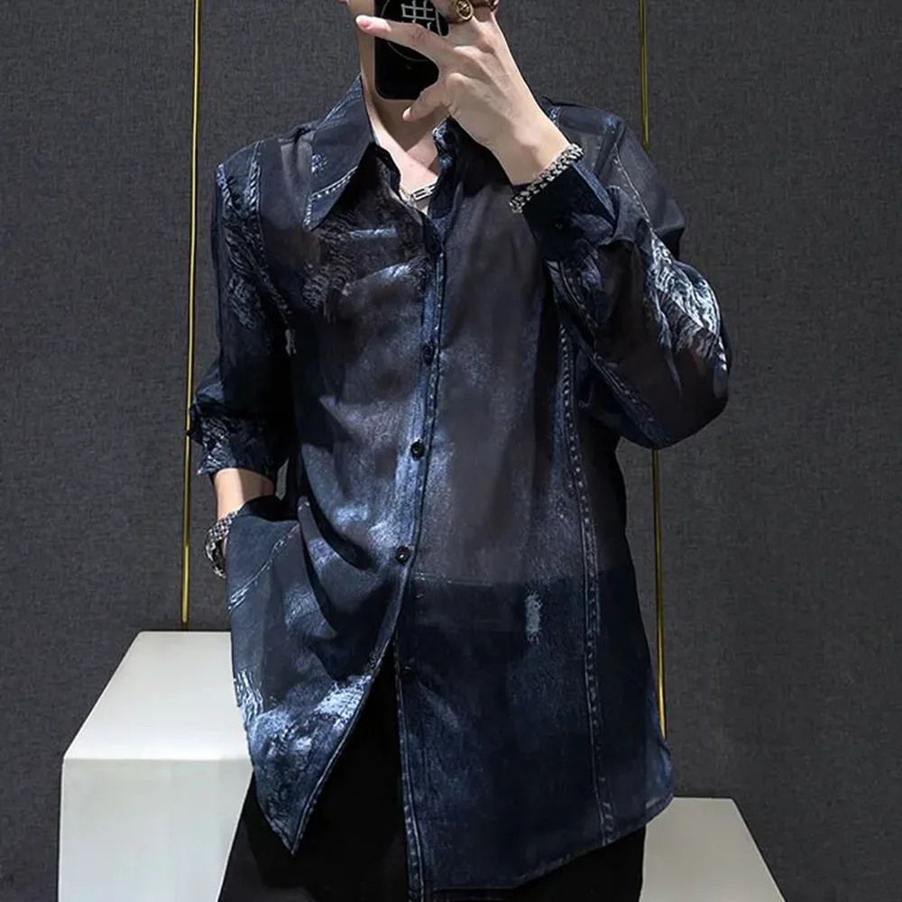 

Mens Snake Patterned Mesh Hollow Semi Transparent Long Sleeved Shirt Summer Sun Protection Casual Breathable Top Men's Clothing