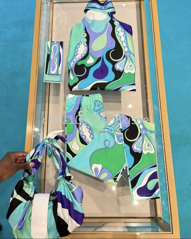 

Luxury Design Women's Green Bellyband Yoga Sets with Scarf Designer Brand Lady Scarf Beachwear Bikini Sets Swimwear