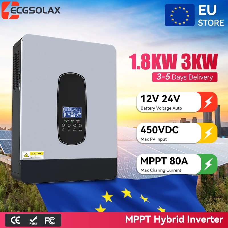 ECGSOLAX 3KW 1.8KW Hybride Solar-omvormer 230Vac 12V 24V Met MPPT 80A Laadregelaar Off-Grid Solar Oplaad Hybride Omvormer Max PV 450VDC