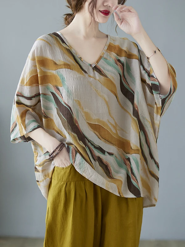 

plus Size Women's Summer T-irt V-Ne Cotton Linen Print Loose Fit Casual Versatile Belly Covering Anti-Aging Artistic