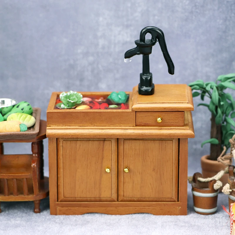 1:12 Dollhouse Miniature Wood Bathroom Sink Cupboard Kitchen Wash Basin Drawer Furniture Model Decor For Doll House Accessories