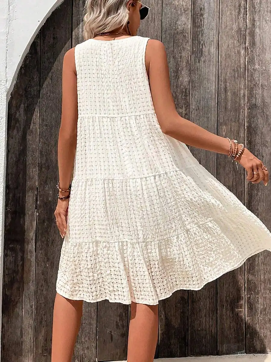 

White Sleeveless Round Neck Tiered Mini Dress With Smocked Bodice And Ruffled Hem For Summer Vacation