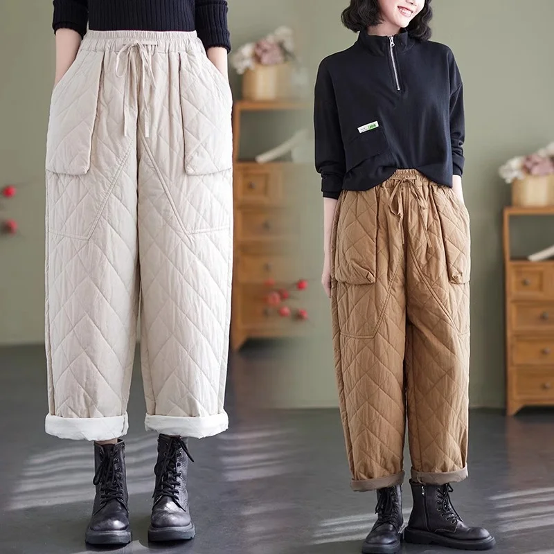 

2023 Autumn/Winter Cotton Pants Women's Large Size Loose Art Retro Thickened Straight Casual Quilted Trousers Z3837