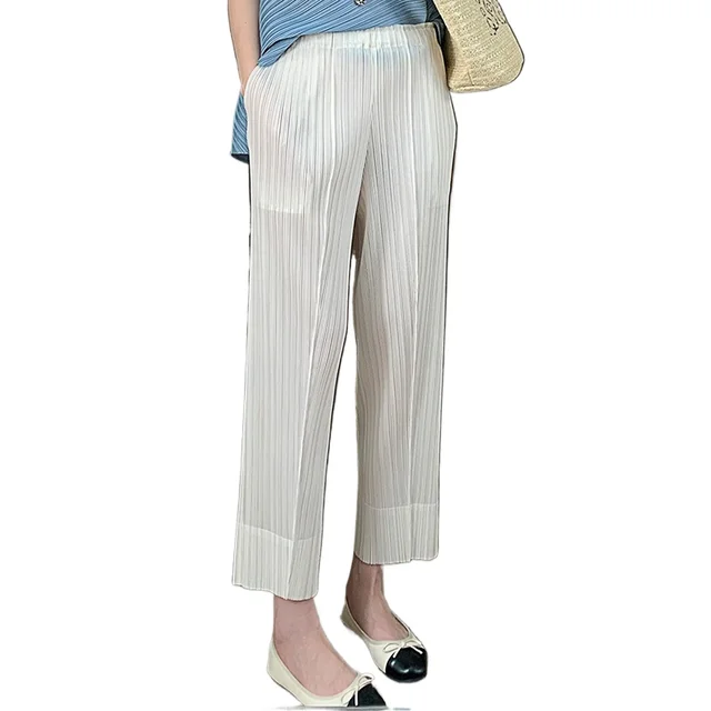Miyake Pleated Straight Leg Pants, Women's Elastic Waist Cropped Pants, Casual and Versatile Small Leg Pants