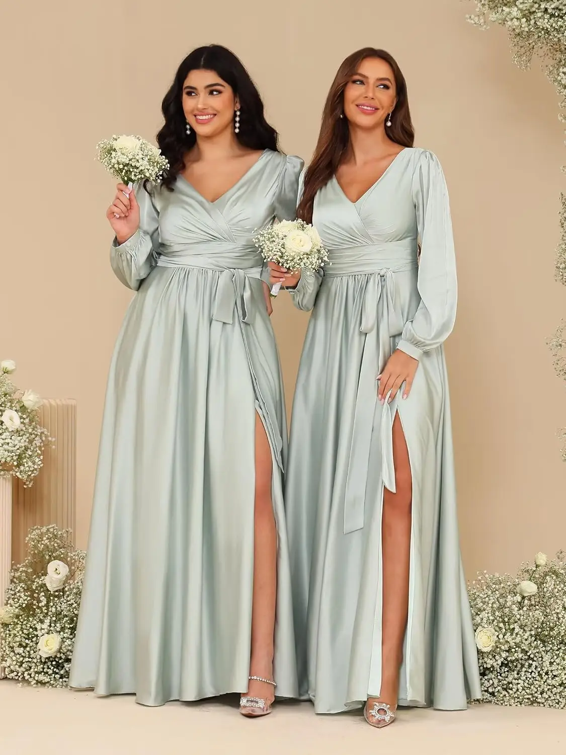 فستان وصيفة العروس بأكمام طويلة للنساء 2025 فستان سهرة رسمي من الساتان برقبة على شكل حرف V، مع فتحة طويلة لحفلات الرقص وحفلات الكوكتيل #5