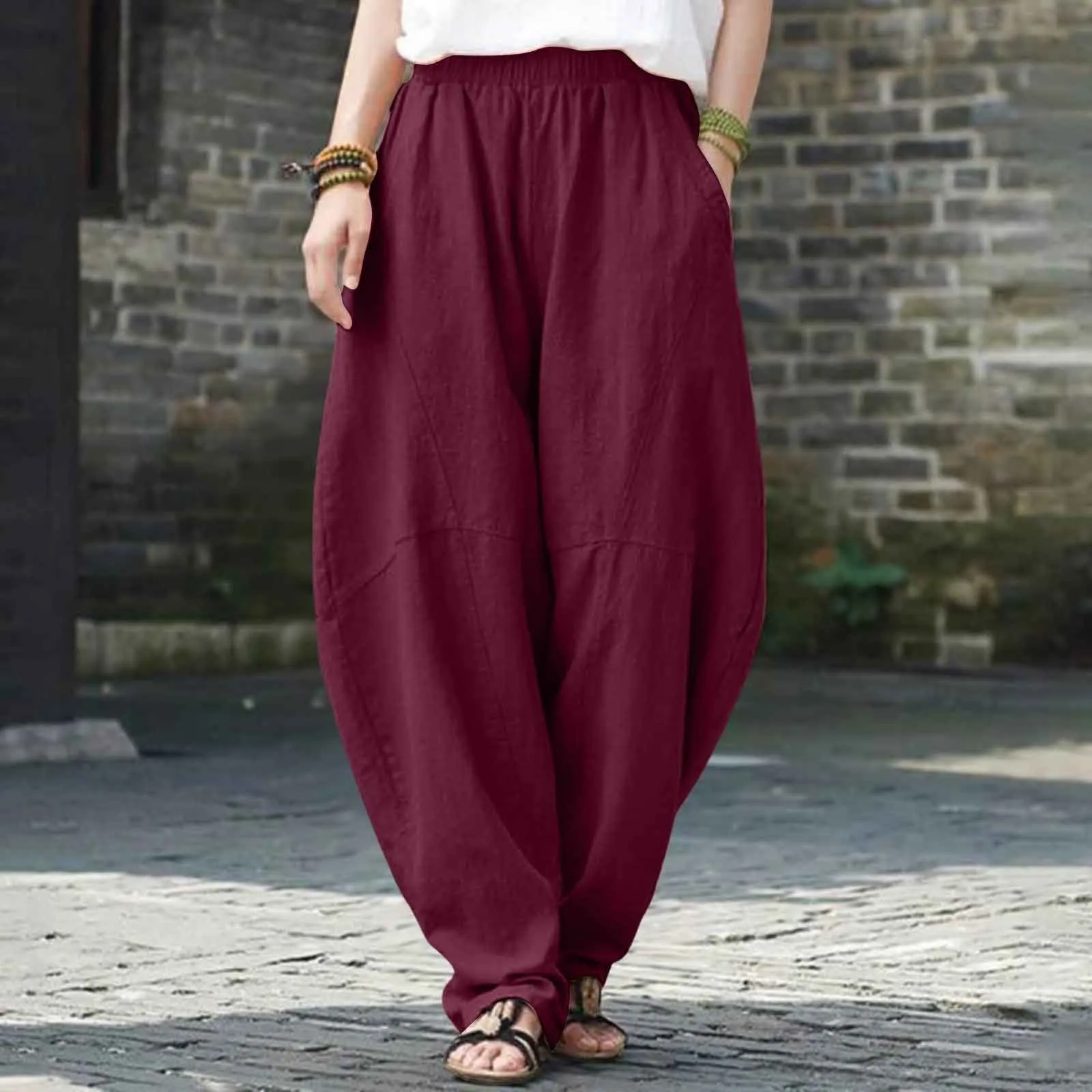 

Spring Summer Fashion Women's Cotton Linen Casual Pants Female Elastic Waist Solid Color Simple Loose Cozy Ankle Length Trousers