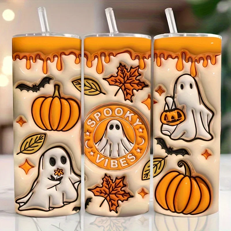 1pc 20oz Halloween Stainless Steel Roller Water Cup With Lid Double Wall Vacuum Insulated Travel Cup Spooky Tumbler