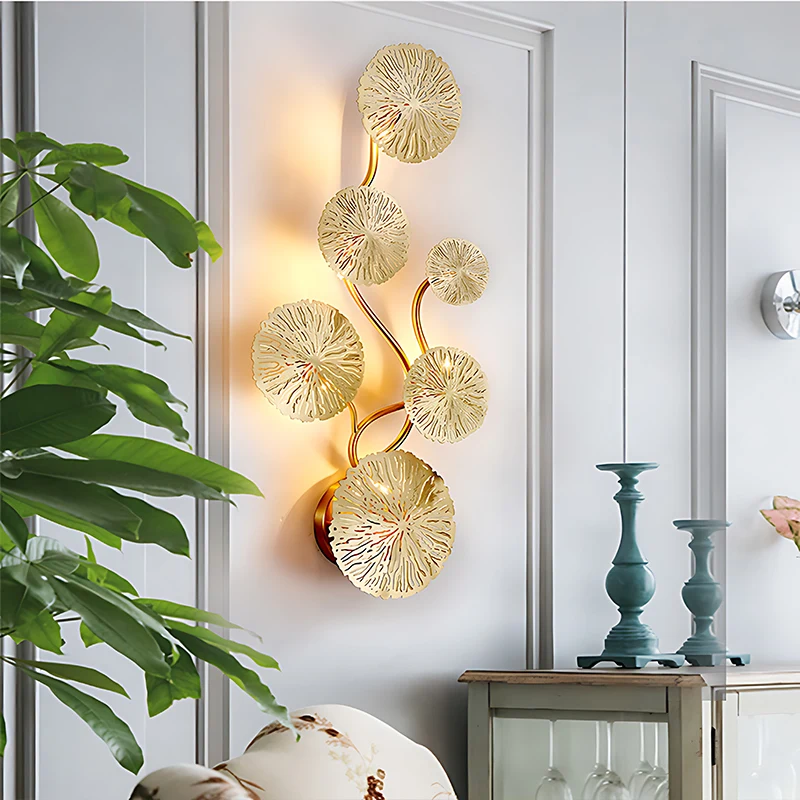 Nordic Modern LED Wall Lamp Living Room Bedroom Bedside Dining Room Golden Lotus Leaf Interior Wall Art Decorative Lamp
