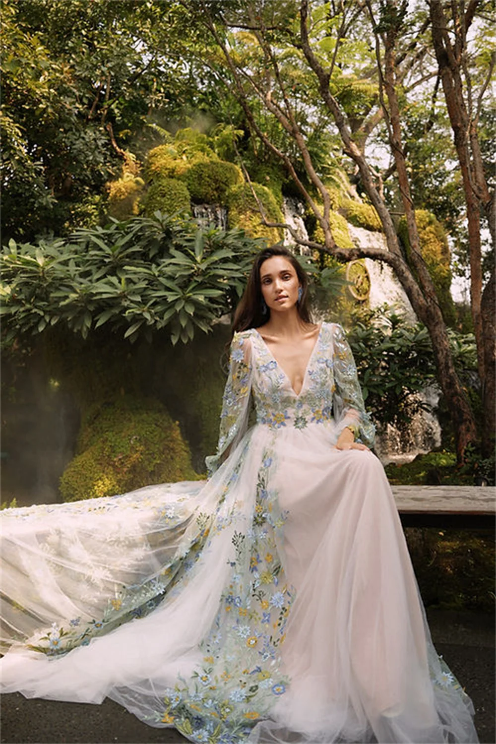 Sansa V-neck Long Sleeve A-line Prom Dress Sweet Flower Vestidos De Noche Boho Lace Embroidery Wedding Dress فساتين السهرة