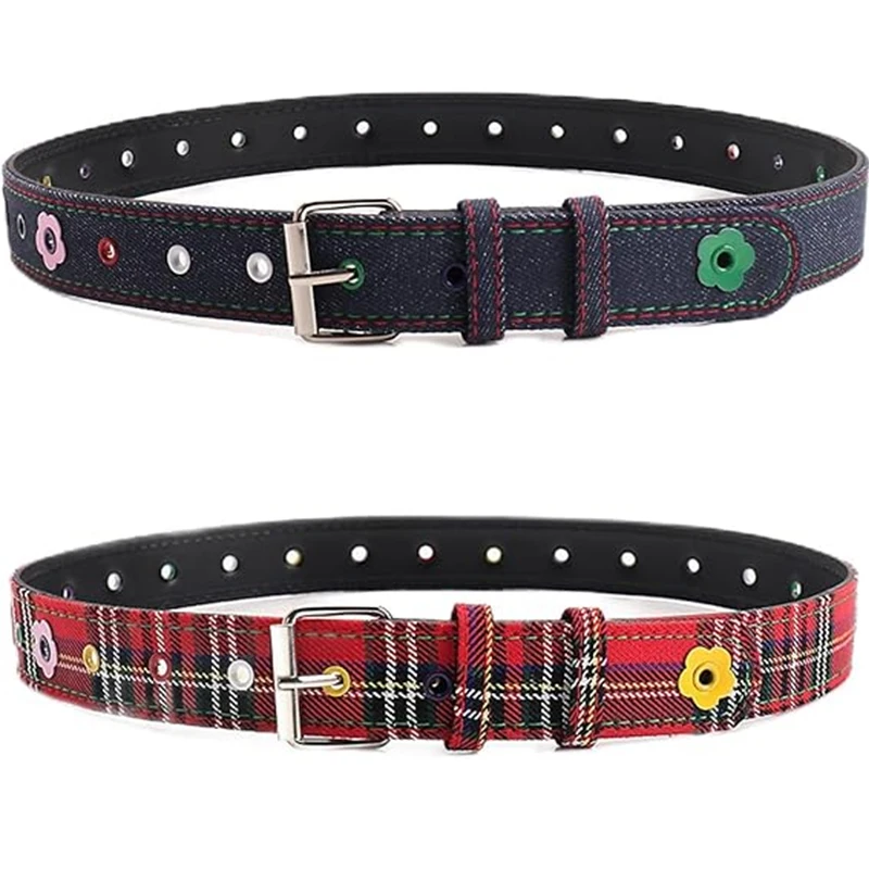 Decorative Floral Canvas Belt for Women, Red Plaid and Navy Denim Design, Metal Buckle, Casual Style